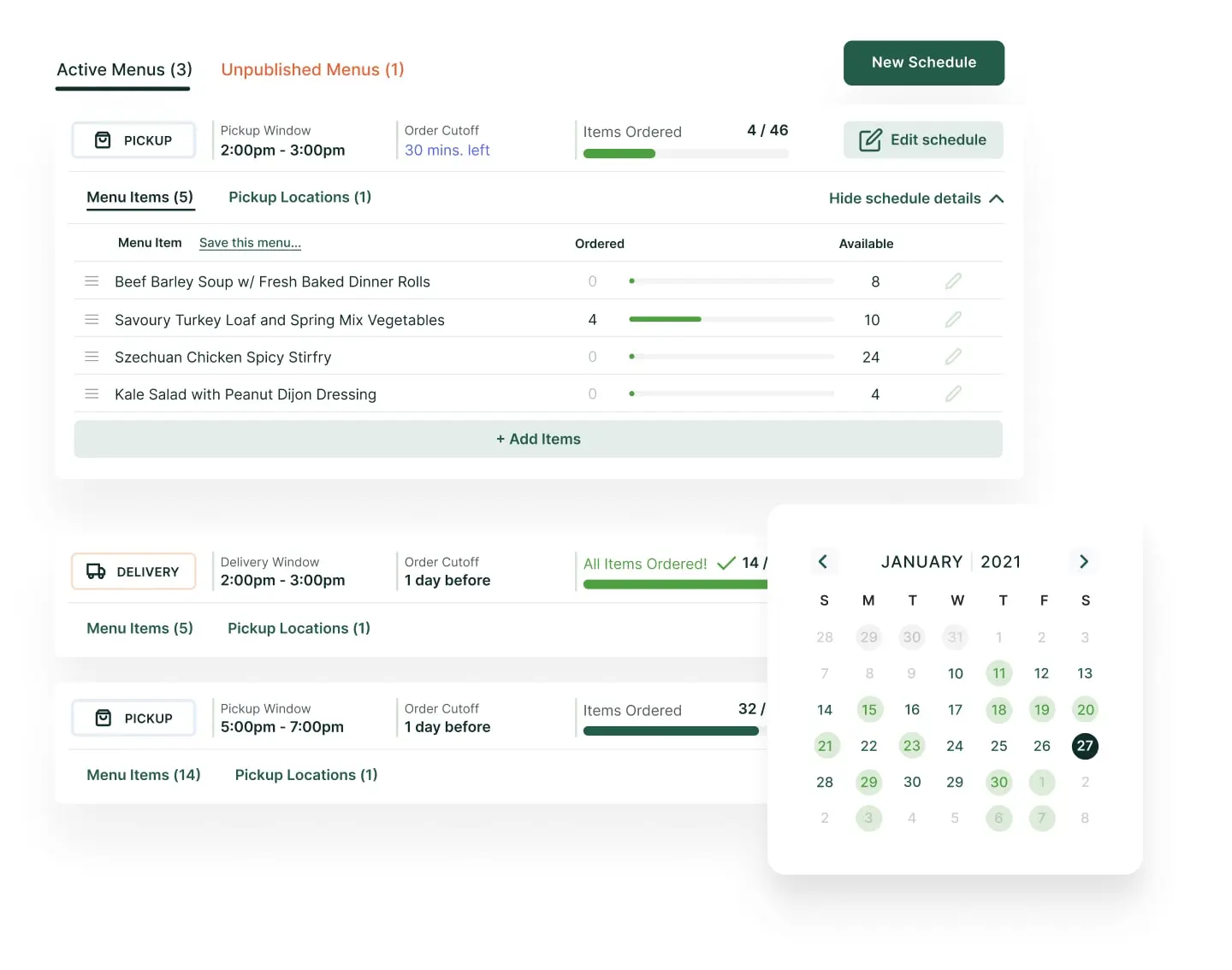 A screenshot of the Cottage Dashboard schedule manager page