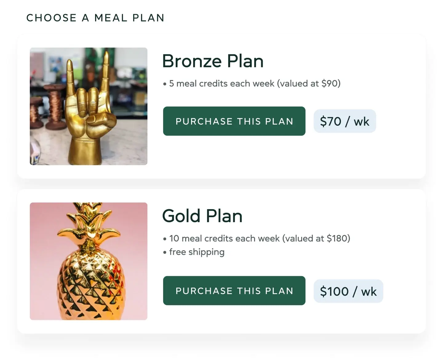 A screenshot of the Cottage Shop showing meal plans available for purchase